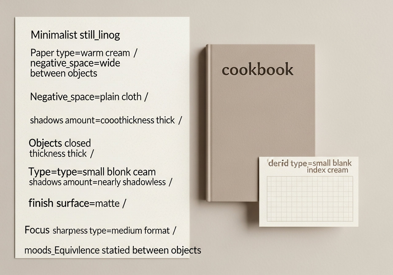 A closed cloth-bound cookbook beside a single blank cream card on warm paper